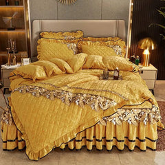 RainFire 4 Pcs Thickened Duvet Cover Golden Spike Lace Bed Skirt Embroidery Solid Cotton Bed Spread Velvet Warmth Bed Spread Set - SHOWLU FASHION STORE