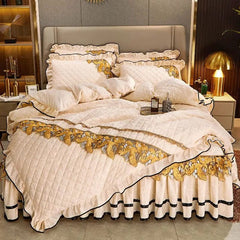 RainFire 4 Pcs Thickened Duvet Cover Golden Spike Lace Bed Skirt Embroidery Solid Cotton Bed Spread Velvet Warmth Bed Spread Set - SHOWLU FASHION STORE