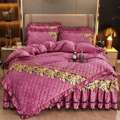 RainFire 4 Pcs Thickened Duvet Cover Golden Spike Lace Bed Skirt Embroidery Solid Cotton Bed Spread Velvet Warmth Bed Spread Set - SHOWLU FASHION STORE