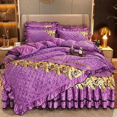 RainFire 4 Pcs Thickened Duvet Cover Golden Spike Lace Bed Skirt Embroidery Solid Cotton Bed Spread Velvet Warmth Bed Spread Set - SHOWLU FASHION STORE