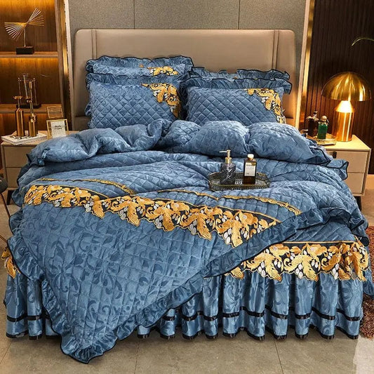 RainFire 4 Pcs Thickened Duvet Cover Golden Spike Lace Bed Skirt Embroidery Solid Cotton Bed Spread Velvet Warmth Bed Spread Set - SHOWLU FASHION STORE