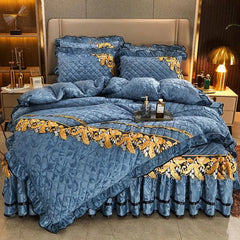RainFire 4 Pcs Thickened Duvet Cover Golden Spike Lace Bed Skirt Embroidery Solid Cotton Bed Spread Velvet Warmth Bed Spread Set - SHOWLU FASHION STORE