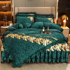RainFire 4 Pcs Thickened Duvet Cover Golden Spike Lace Bed Skirt Embroidery Solid Cotton Bed Spread Velvet Warmth Bed Spread Set - SHOWLU FASHION STORE