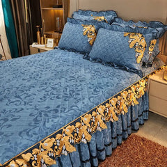 RainFire 4 Pcs Thickened Duvet Cover Golden Spike Lace Bed Skirt Embroidery Solid Cotton Bed Spread Velvet Warmth Bed Spread Set - SHOWLU FASHION STORE