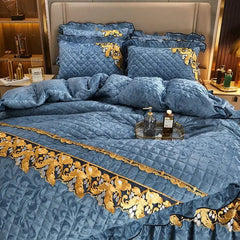 RainFire 4 Pcs Thickened Duvet Cover Golden Spike Lace Bed Skirt Embroidery Solid Cotton Bed Spread Velvet Warmth Bed Spread Set - SHOWLU FASHION STORE
