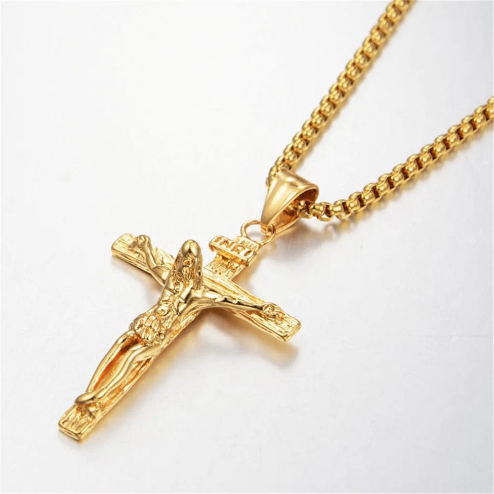 Religious Jesus Christ Cross Pendant Necklace for Women/Men Gold Color Stainless Steel Crucifix Necklaces Male Christian Jewelry - SHOWLU FASHION STORE