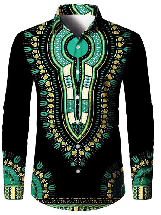 Retro Men's Lapel Shirt Men's Exquisite Ethnic Print Slim Shirt New Fall Fashion Office Long - sleeved Blouse Elegant T-shirt - SHOWLU FASHION STORE