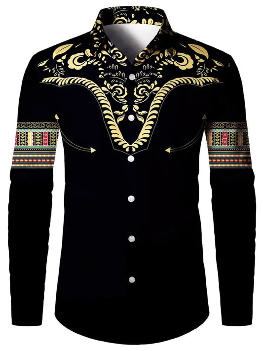 Retro Men's Lapel Shirt Men's Exquisite Ethnic Print Slim Shirt New Fall Fashion Office Long - sleeved Blouse Elegant T-shirt - SHOWLU FASHION STORE