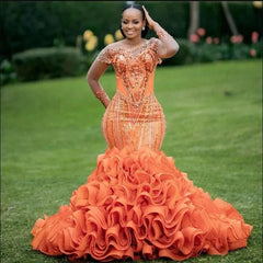 Romantic Orange Evening Dresses Mermaid Layered Ruffle Edge Black Girl Glitter Bead Lace Wedding Formal Occasion Party Ball Gown - SHOWLU FASHION STORE