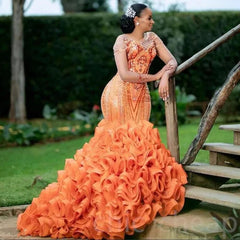 Romantic Orange Evening Dresses Mermaid Layered Ruffle Edge Black Girl Glitter Bead Lace Wedding Formal Occasion Party Ball Gown - SHOWLU FASHION STORE
