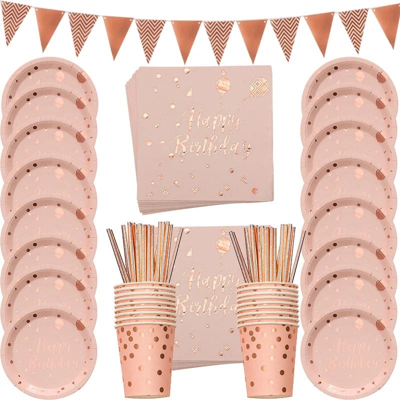 Rose Gold birthday Tableware Paper Towel Cup Plate tablecloth Disposable set Adult Birthday Party Decorations Wedding Tableware - SHOWLU FASHION STORE