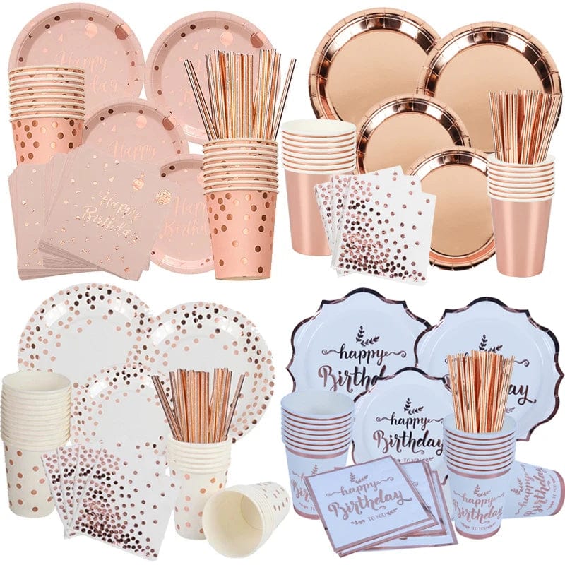 Rose Gold birthday Tableware Paper Towel Cup Plate tablecloth Disposable set Adult Birthday Party Decorations Wedding Tableware - SHOWLU FASHION STORE