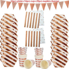 Rose Gold birthday Tableware Paper Towel Cup Plate tablecloth Disposable set Adult Birthday Party Decorations Wedding Tableware - SHOWLU FASHION STORE