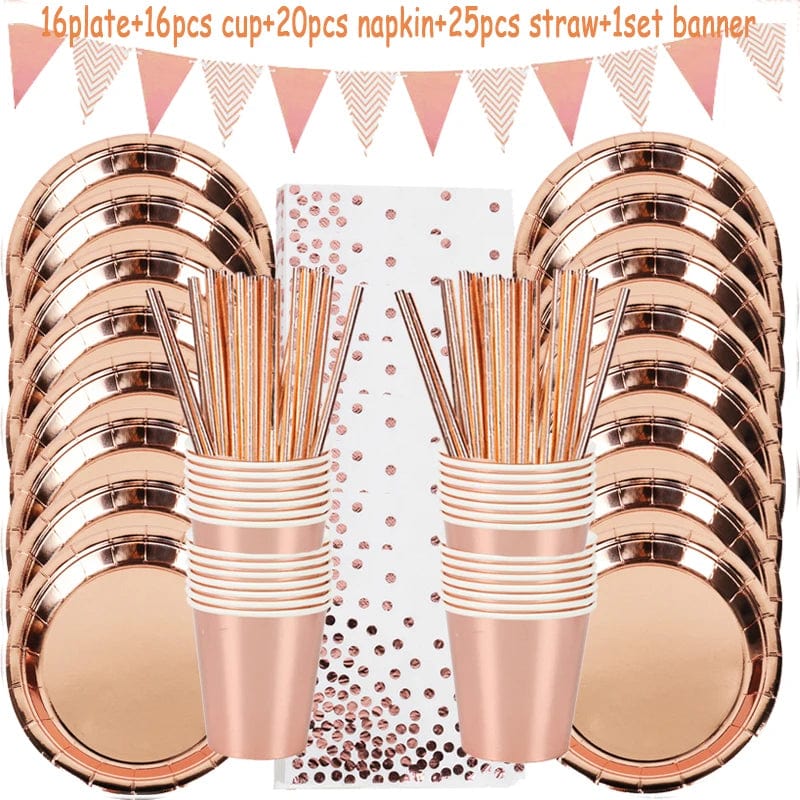 Rose Gold birthday Tableware Paper Towel Cup Plate tablecloth Disposable set Adult Birthday Party Decorations Wedding Tableware - SHOWLU FASHION STORE