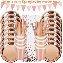 Rose Gold birthday Tableware Paper Towel Cup Plate tablecloth Disposable set Adult Birthday Party Decorations Wedding Tableware - SHOWLU FASHION STORE