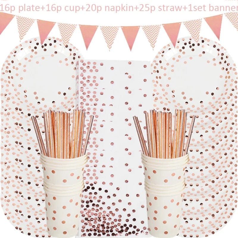 Rose Gold birthday Tableware Paper Towel Cup Plate tablecloth Disposable set Adult Birthday Party Decorations Wedding Tableware - SHOWLU FASHION STORE