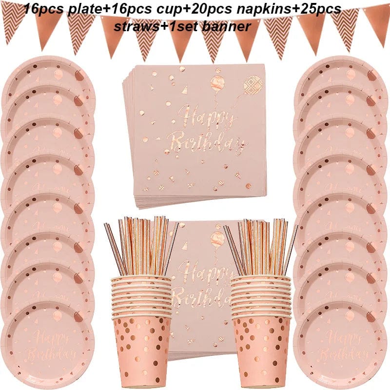 Rose Gold birthday Tableware Paper Towel Cup Plate tablecloth Disposable set Adult Birthday Party Decorations Wedding Tableware - SHOWLU FASHION STORE
