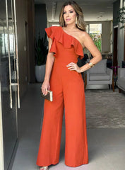 Ruffle One Shoulder Jumpsuit, Elegant Solid jumpsuit For Spring &Summer, women's Clothing - SHOWLU FASHION STORE
