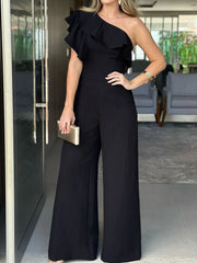 Ruffle One Shoulder Jumpsuit, Elegant Solid jumpsuit For Spring &Summer, women's Clothing - SHOWLU FASHION STORE
