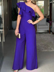 Ruffle One Shoulder Jumpsuit, Elegant Solid jumpsuit For Spring &Summer, women's Clothing - SHOWLU FASHION STORE