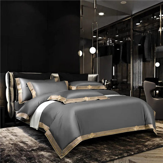 Satin 1200TC Egyptian Cotton Luxury Bedding Set, Gold Embroidery, Queen, King, Duvet Cover, Flat/Fitted Bed Sheet, Pillowcases - SHOWLU FASHION STORE