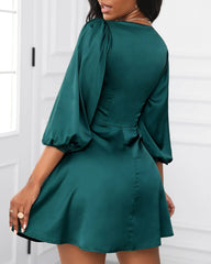 Satin Puff Sleeve Plunge Dress - SHOWLU FASHION STORE