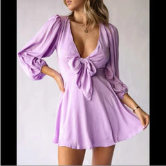 Satin Puff Sleeve Plunge Dress - SHOWLU FASHION STORE