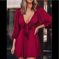 Satin Puff Sleeve Plunge Dress - SHOWLU FASHION STORE