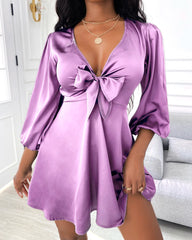 Satin Puff Sleeve Plunge Dress - SHOWLU FASHION STORE