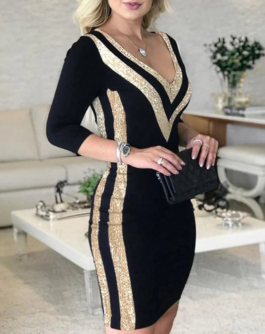 Sequin V - Neck Bodycon Midi Dress - SHOWLU FASHION STORE