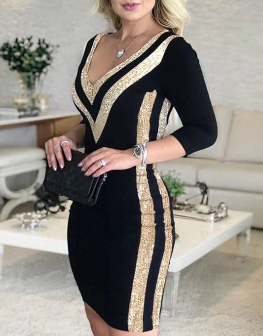 Sequin V - Neck Bodycon Midi Dress - SHOWLU FASHION STORE