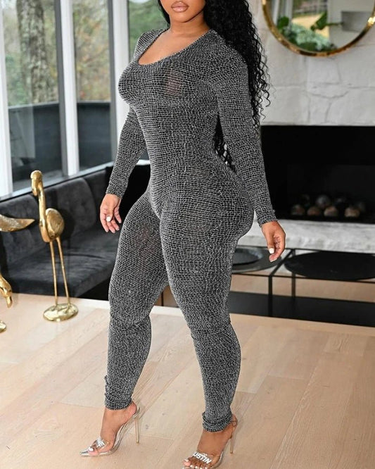 Sexy Fashion Jumpsuit 2024 Autumn Temperament Commuting Women's Clothing Skinny Allover Print Lace - Up Side Long Sleeve Jumpsuits - SHOWLU FASHION STORE