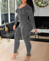 Sexy Fashion Jumpsuit 2024 Autumn Temperament Commuting Women's Clothing Skinny Allover Print Lace - Up Side Long Sleeve Jumpsuits - SHOWLU FASHION STORE