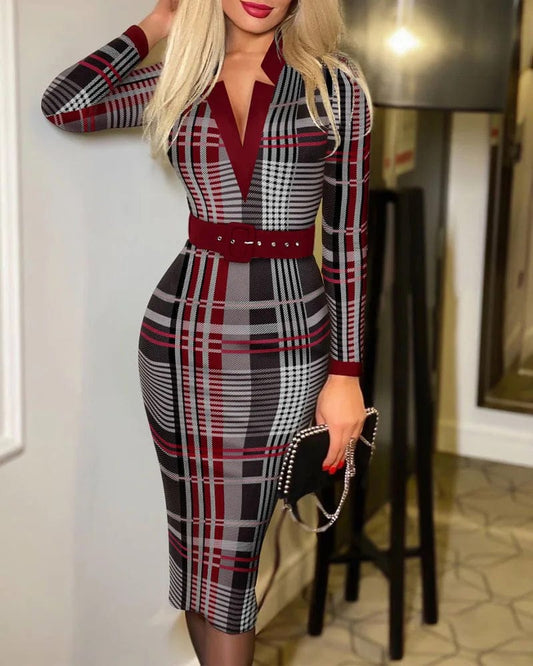 Sexy Geometric Pattern V - Neck Midi Pencil Dress with Belt - Long Sleeve Knit Bodycon for All Seasons - SHOWLU FASHION STORE