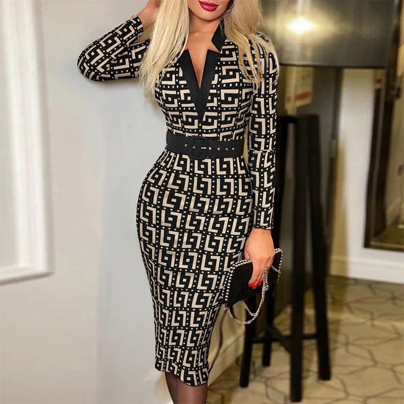 Sexy Geometric Pattern V - Neck Midi Pencil Dress with Belt - Long Sleeve Knit Bodycon for All Seasons - SHOWLU FASHION STORE
