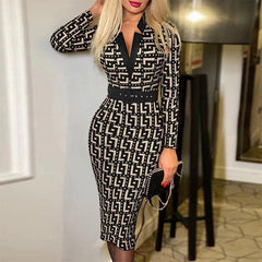 Sexy Geometric Pattern V - Neck Midi Pencil Dress with Belt - Long Sleeve Knit Bodycon for All Seasons - SHOWLU FASHION STORE