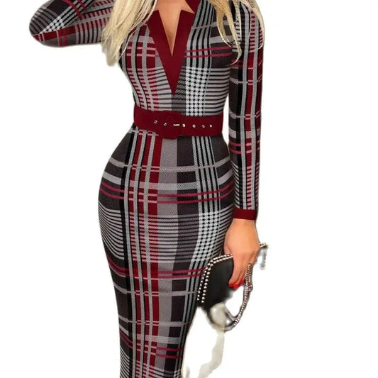 Sexy Geometric Pattern V - Neck Midi Pencil Dress with Belt - Long Sleeve Knit Bodycon for All Seasons - SHOWLU FASHION STORE