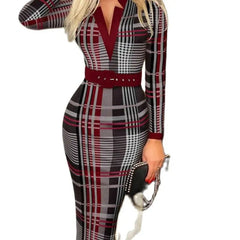 Sexy Geometric Pattern V - Neck Midi Pencil Dress with Belt - Long Sleeve Knit Bodycon for All Seasons - SHOWLU FASHION STORE
