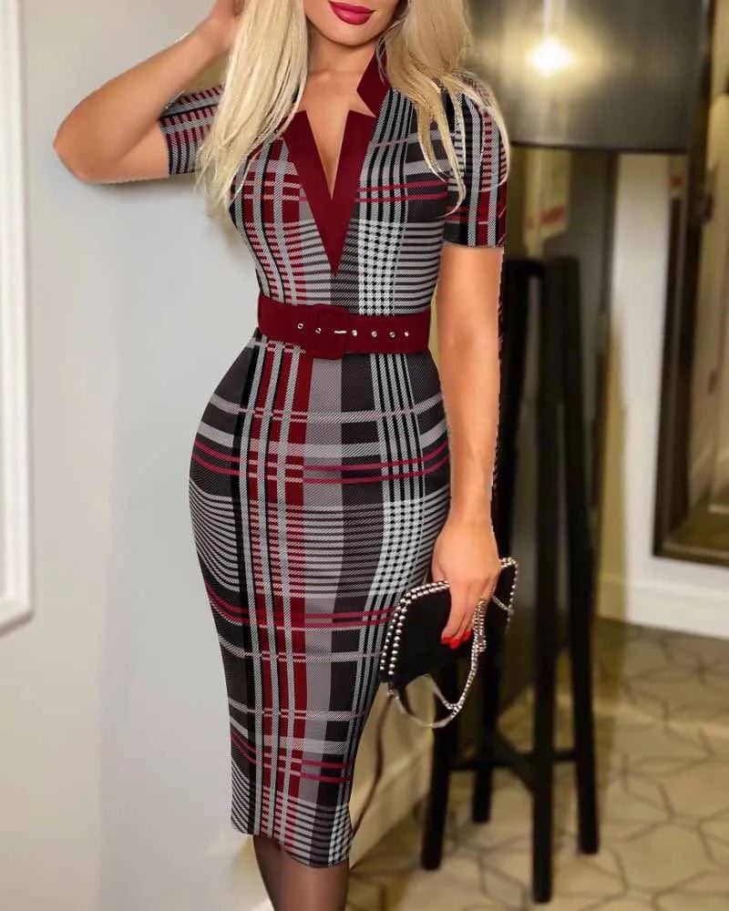 Sexy Geometric Pattern V - Neck Midi Pencil Dress with Belt - Long Sleeve Knit Bodycon for All Seasons - SHOWLU FASHION STORE