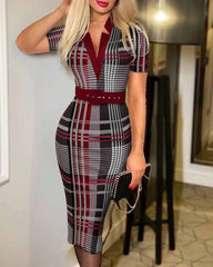 Sexy Geometric Pattern V - Neck Midi Pencil Dress with Belt - Long Sleeve Knit Bodycon for All Seasons - SHOWLU FASHION STORE
