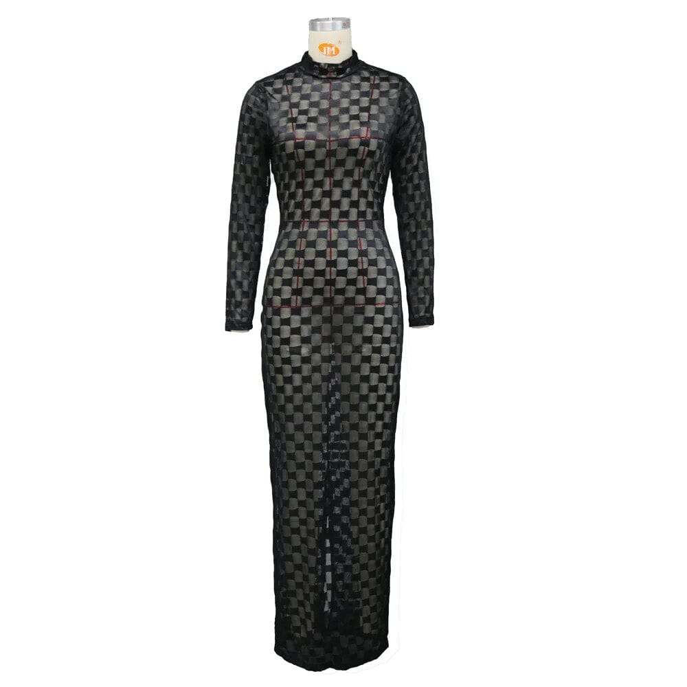 Sexy Sheer Mesh Grid Long Dress for Women Elegant O Neck Long Sleeve Bodycon Perspective Night Club Party Dresses Robe Femme - SHOWLU FASHION STORE