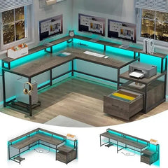 Shaped Office Desk, 66" Home Office Desk with File Drawer & Power Outlet, Gaming Desk with Led Lights, Corner Computer Desk - SHOWLU FASHION STORE