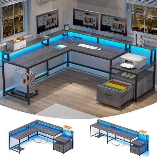 Shaped Office Desk, 66" Home Office Desk with File Drawer & Power Outlet, Gaming Desk with Led Lights, Corner Computer Desk - SHOWLU FASHION STORE