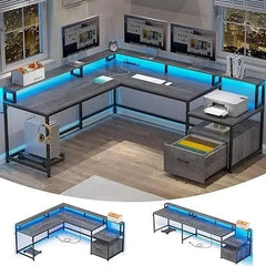 Shaped Office Desk, 66" Home Office Desk with File Drawer & Power Outlet, Gaming Desk with Led Lights, Corner Computer Desk - SHOWLU FASHION STORE