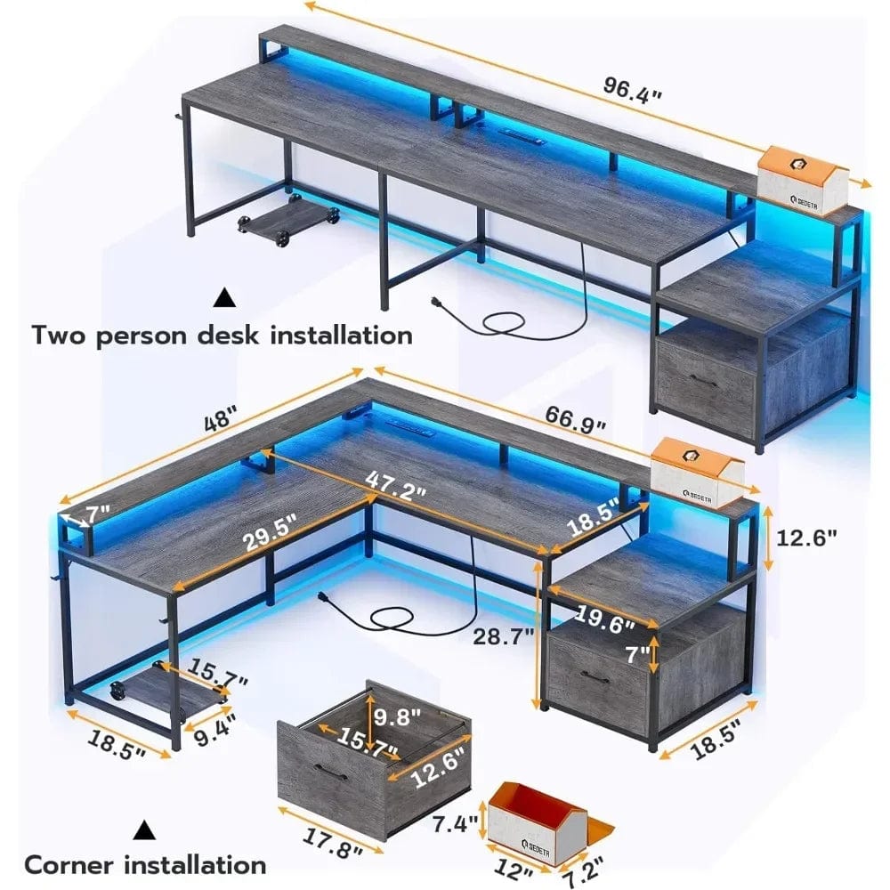 Shaped Office Desk, 66" Home Office Desk with File Drawer & Power Outlet, Gaming Desk with Led Lights, Corner Computer Desk - SHOWLU FASHION STORE