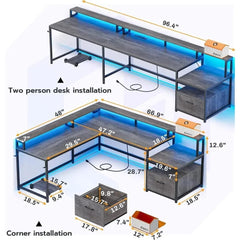 Shaped Office Desk, 66" Home Office Desk with File Drawer & Power Outlet, Gaming Desk with Led Lights, Corner Computer Desk - SHOWLU FASHION STORE