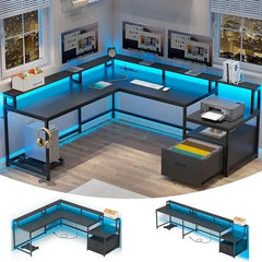 Shaped Office Desk, 66" Home Office Desk with File Drawer & Power Outlet, Gaming Desk with Led Lights, Corner Computer Desk - SHOWLU FASHION STORE
