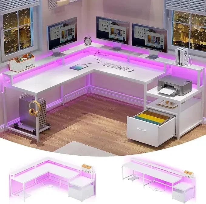 Shaped Office Desk, 66" Home Office Desk with File Drawer & Power Outlet, Gaming Desk with Led Lights, Corner Computer Desk - SHOWLU FASHION STORE