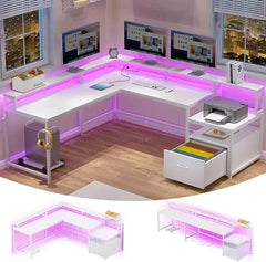 Shaped Office Desk, 66" Home Office Desk with File Drawer & Power Outlet, Gaming Desk with Led Lights, Corner Computer Desk - SHOWLU FASHION STORE