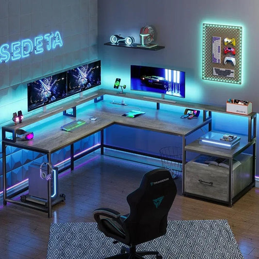 Shaped Office Desk, 66" Home Office Desk with File Drawer & Power Outlet, Gaming Desk with Led Lights, Corner Computer Desk - SHOWLU FASHION STORE